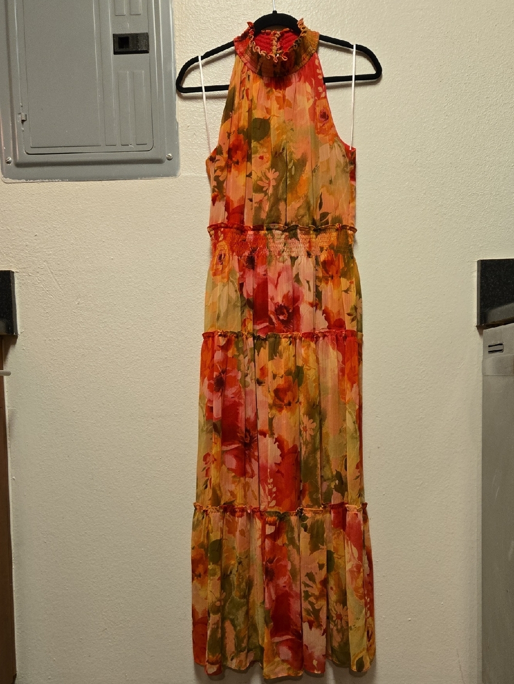 Taylor Floral Maxi Dress Smocked Waist Tiered Ruffle Halter Neck, Size 8